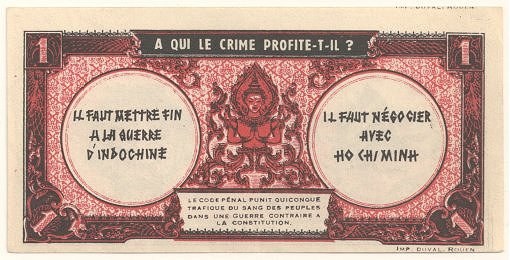 Alte französische Banknote mit ernst dreinblickendem Mann im Anzug, Text "A qui le crime profite-il?" und schwarzem Rand auf weißem Hintergrund.