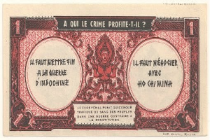 Alte französische Banknote mit ernst dreinblickendem Mann im Anzug, Text "A qui le crime profite-il?" und schwarzem Rand auf weißem Hintergrund.