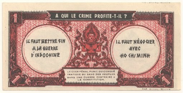 Alte französische Banknote mit ernst dreinblickendem Mann im Anzug, Text "A qui le crime profite-il?" und schwarzem Rand auf weißem Hintergrund.