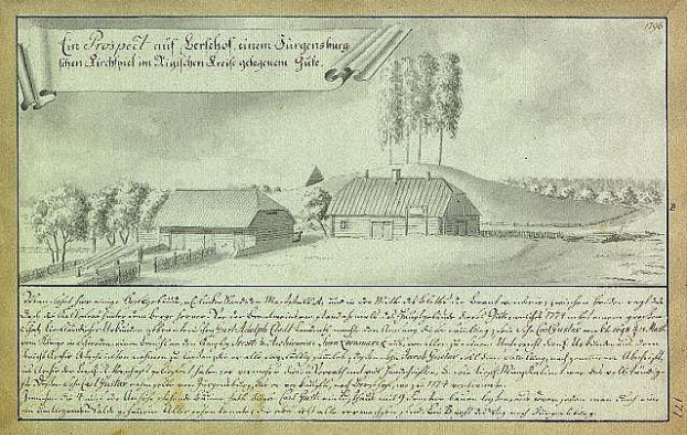 Ein verblichenes Dokument mit der Aufschrift "Surgensburg, Deutschland - Landschaft eines Hofes" zeigt eine ländliche Szene mit einem Bauernhof, Feldern, verstreuten Häusern, Bäumen und einem bewölkten Himmel.