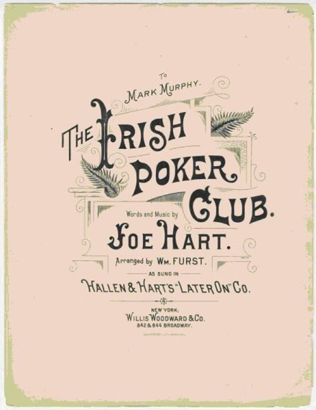 Ein gerahmtes Plakat mit "The Irish Poker Club" in fetter schwarzer Schrift auf einem weißen Hintergrund, umrandet von einer dünnen schwarzen Linie und mit einer bunten Kleeblatt-Illustration.