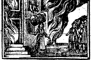 Eine Schwarz-Weiß-Zeichnung eines besorgten Mannes mit gesenktem Kopf und gefalteten Händen, der vor einem hell lodernden Feuer steht, mit ein paar Menschen auf der rechten Seite des Rahmens.