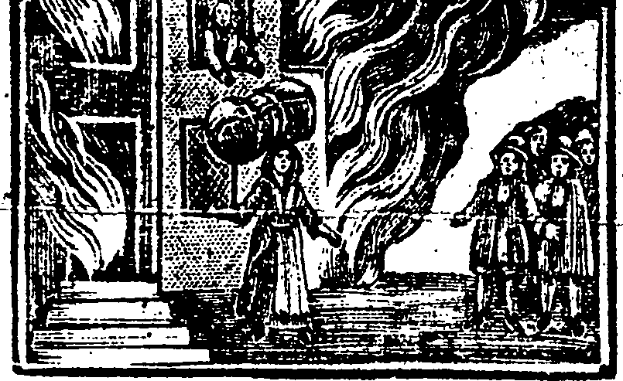 Eine Schwarz-Weiß-Zeichnung eines besorgten Mannes mit gesenktem Kopf und gefalteten Händen, der vor einem hell lodernden Feuer steht, mit ein paar Menschen auf der rechten Seite des Rahmens.