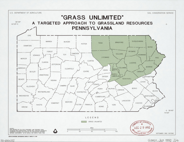 Plakat mit der Aufschrift "Grass Unlimited: Ein zielgerichteter Ansatz für Grasslandressourcen" mit einer Pennsylvania-Karte in verschiedenen Grünschattierungen, die Grassorten anzeigen, und fetter schwarzer Schrift.