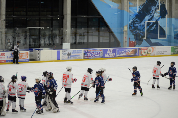 Gruppe junger Menschen, die Eis Hockey auf einer Halle spielen, tragen Helme und halten Hockey Sticks, mit einer Person, die links steht und Bannern, Säulen und Glaswänden im Hintergrund.
