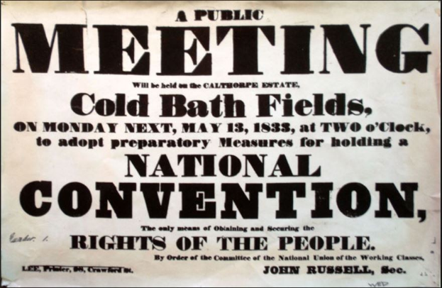 Schwarzer und weißer Plakataufkleber für eine öffentliche Versammlung mit dem Titel "Öffentliche Versammlung, Cold Bath Fields, National Convention, Rechte des Volkes."