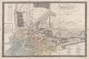 Detailierte alte Karte von Weimar, Deutschland, mit Straßen, Gebäuden und Sehenswürdigkeiten sowie begleitendem Text.