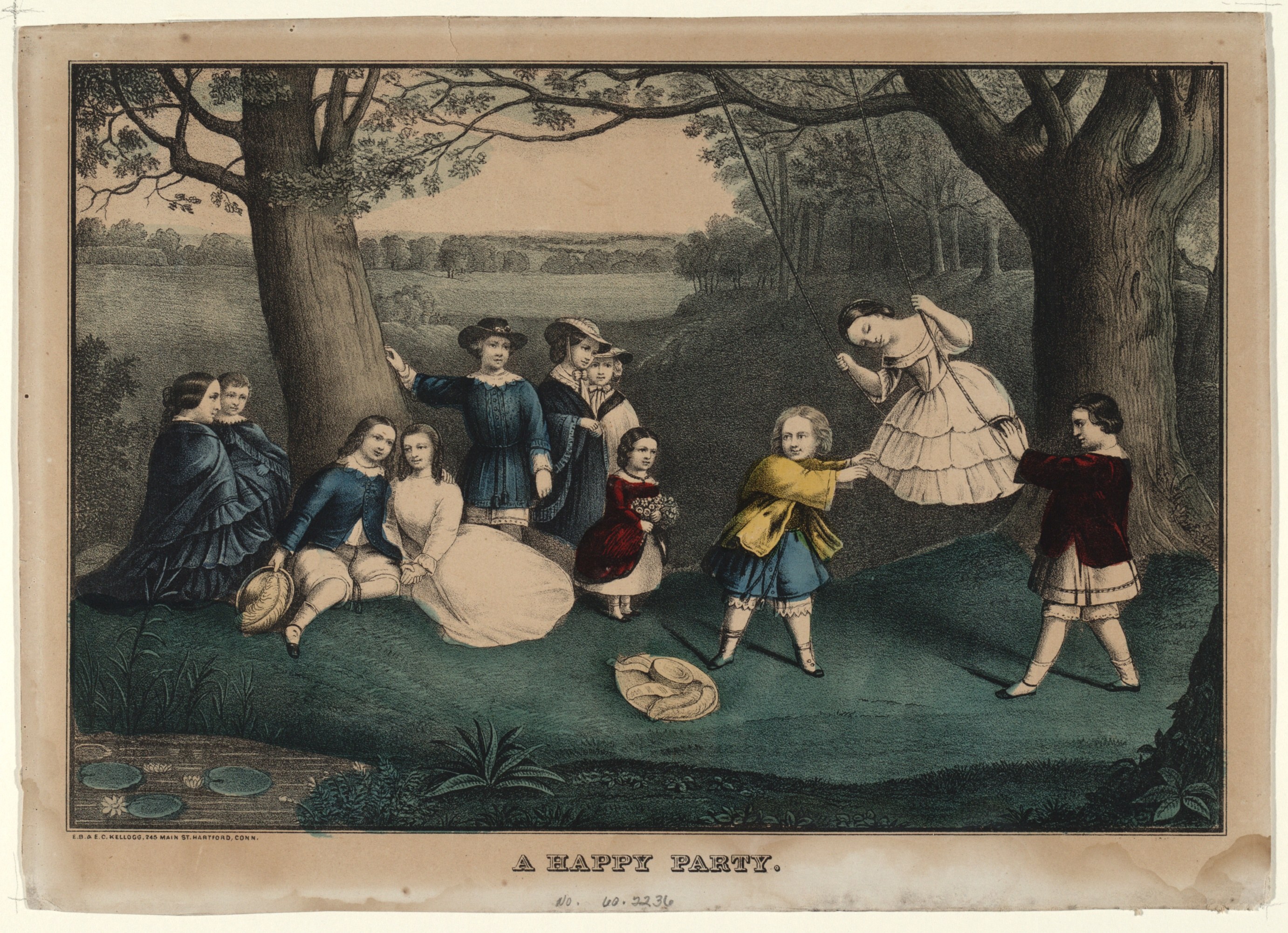 Eine Gruppe von Kindern spielt in einem Park mit Bäumen, Pflanzen und Gras, einige sitzen und andere stehen, mit dem Text "Eine fröhliche Party" unten.