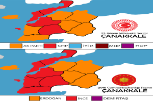 Eine Karte von Türkei, die in verschiedenen Farben dargestellt ist, um den Prozentsatz der Menschen in jedem Gebiet zu zeigen, mit der Anzeige "Canakkale Wahlresultate 2018".