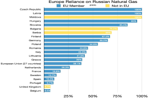 Eine Balkendiagramm, das den prozentualen Anteil Europas an russischem Erdgas zeigt, mit Text, der die Investitionsprozentsätze im Land angibt.