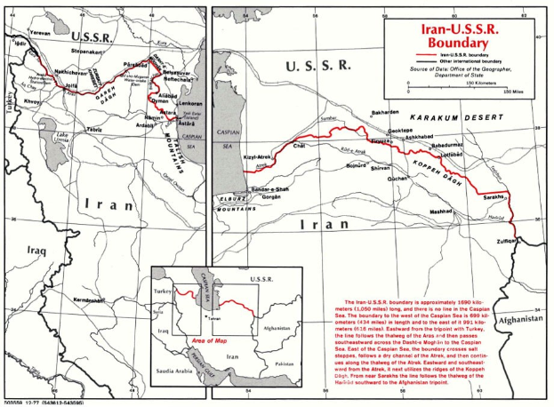 Detailierte Landkartenposter der iranisch-sowjetischen Grenze mit Ländern, Grenzen, geografischen Merkmalen und zusätzlichen Textinformationen.