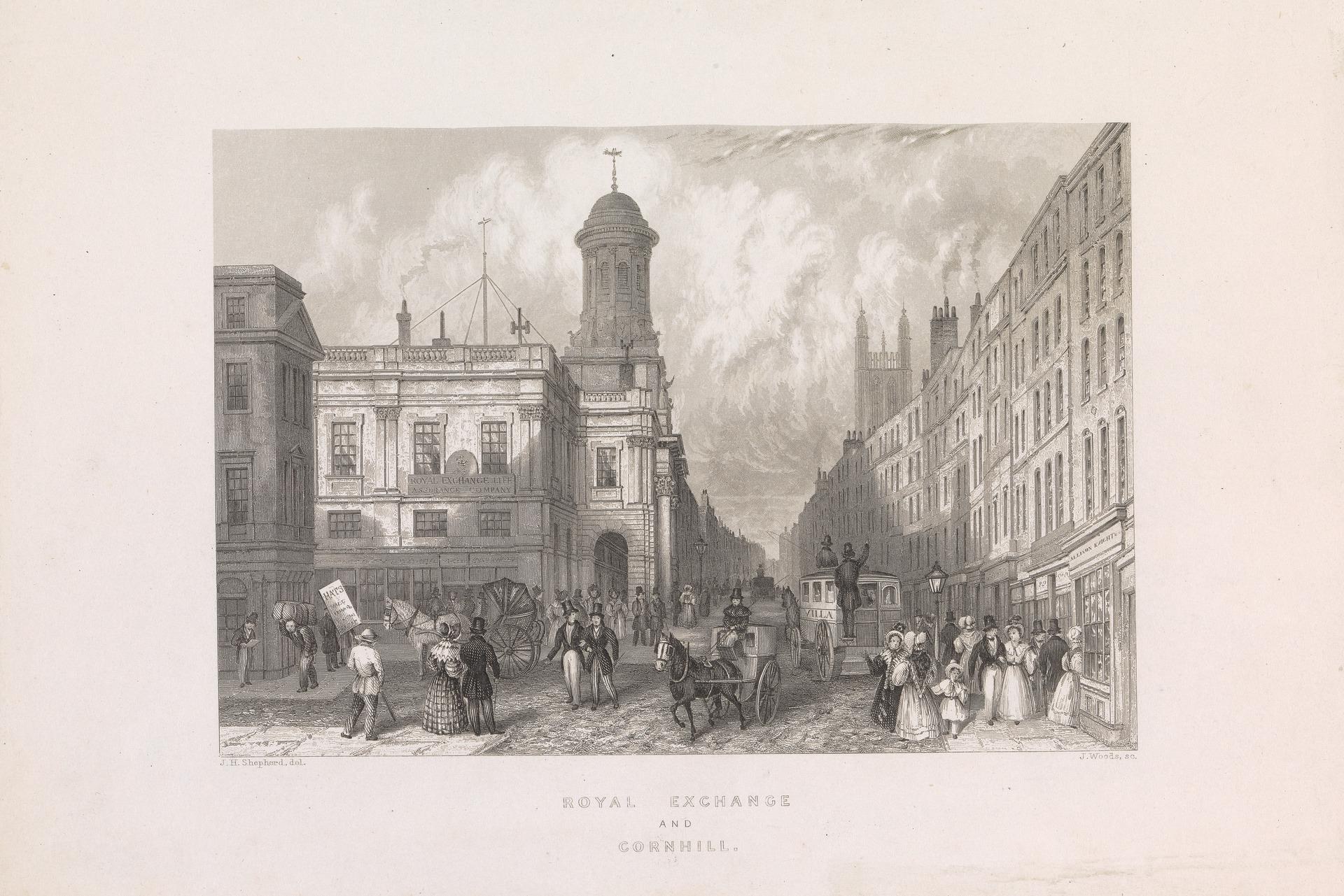Gravur einer Stadtstraße mit der Bezeichnung "Royal Exchange und Cornhill", die Menschen, Pferdefuhrwerke, Gebäude mit Fenstern und einen Himmel im Hintergrund zeigt.