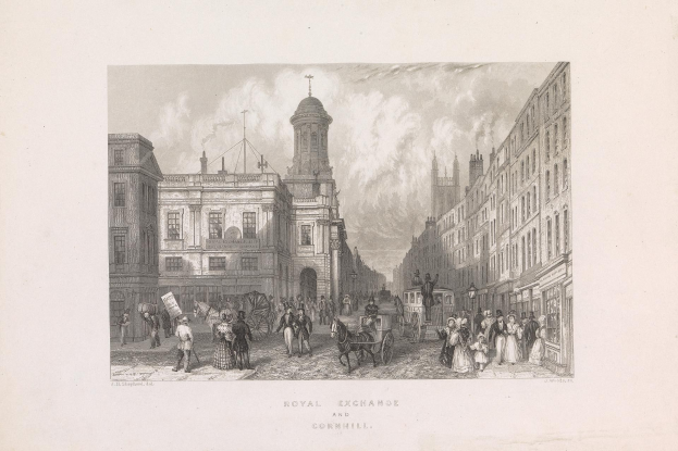 Gravur einer Stadtstraße mit der Bezeichnung "Royal Exchange und Cornhill", die Menschen, Pferdefuhrwerke, Gebäude mit Fenstern und einen Himmel im Hintergrund zeigt.