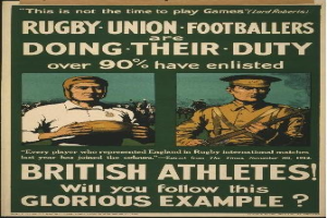 Plakat mit zwei Rugbyspielern in Uniform, mit Text, der über 90% der britischen Athleten aufzeigt, die wahrscheinlich über ihre Aufgaben informieren.