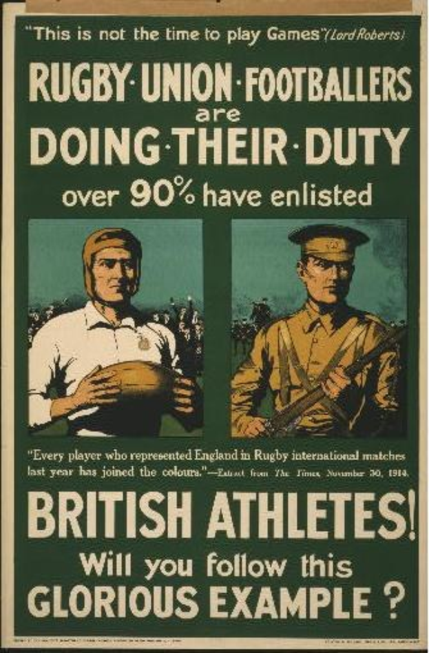 Plakat mit zwei Rugbyspielern in Uniform, mit Text, der über 90% der britischen Athleten aufzeigt, die wahrscheinlich über ihre Aufgaben informieren.