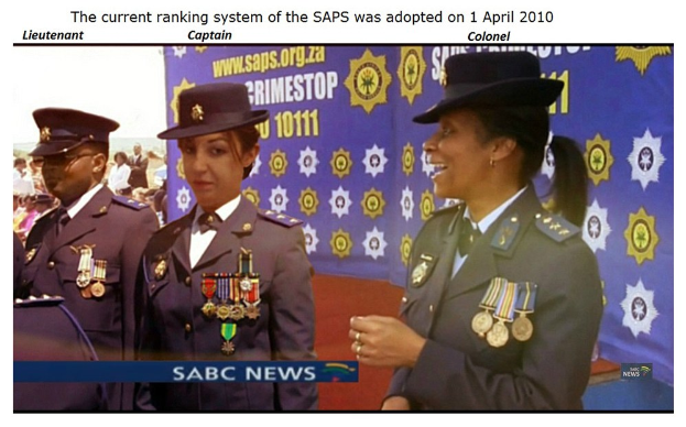 Eine Gruppe von Menschen in Uniformen und Hüten steht zusammen mit einem Banner im Hintergrund, mit Text oben und unten auf dem Bild, der besagt "Das aktuelle Ranglistensystem der SAP wurde am 1. April 2010 übernommen."