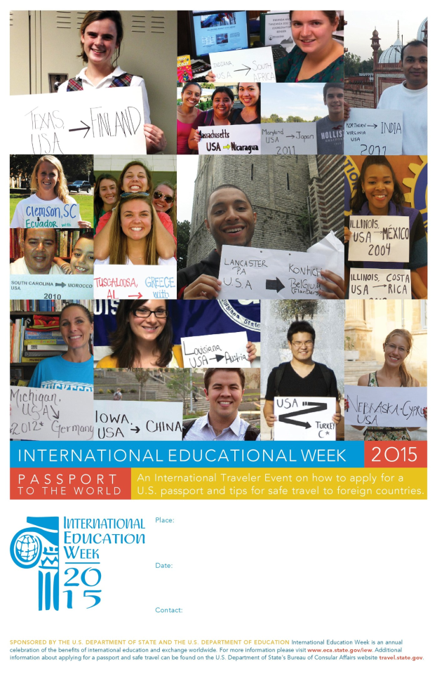 Internationaler Bildungswoche 2015-Plakat mit einer Gruppe strahlender Menschen, die Schilder halten und Textinformationen bereitstellen.