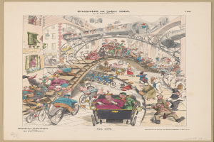 Ein altes Buch mit einer Zeichnung einer aufgeregten Menge an einem Bahnhof von 1900, gerahmt und beschriftet mit 'Straßenbild im Jahre 1900'.