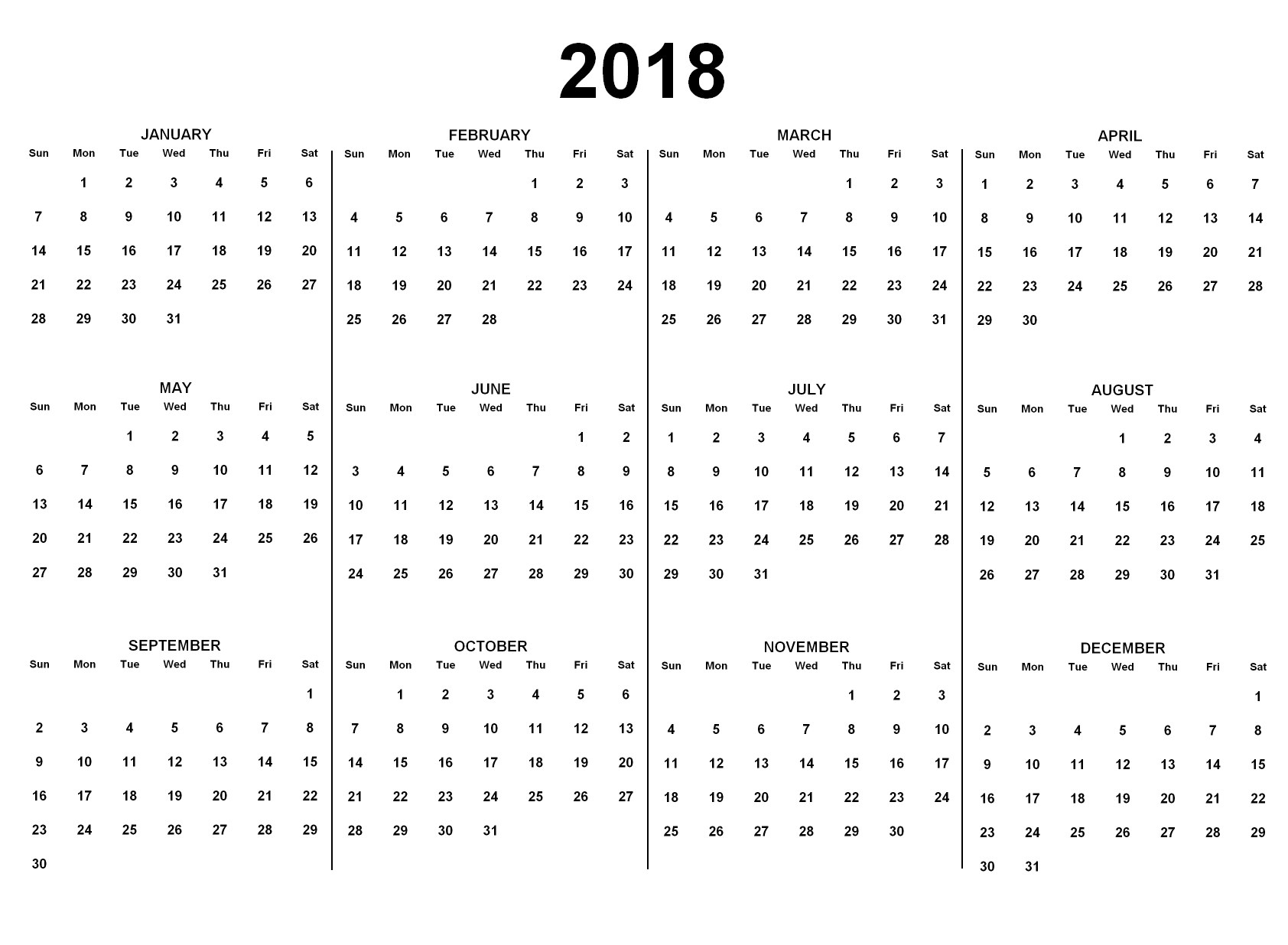 Schwarz-weißer 2018-Kalender mit US-Feiertagen in fetter schwarzer Schrift auf weißem Hintergrund, mit wöchentlichen Zeilen.