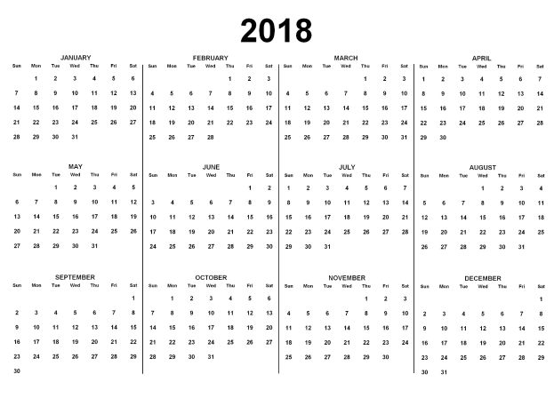 Schwarz-weißer 2018-Kalender mit US-Feiertagen in fetter schwarzer Schrift auf weißem Hintergrund, mit wöchentlichen Zeilen.