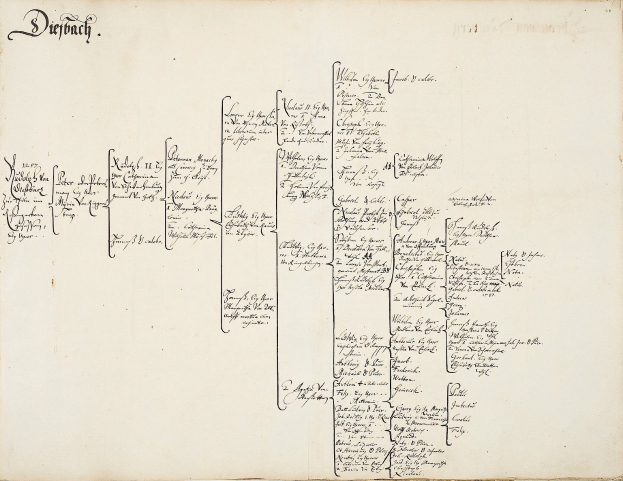 Offenes Buch mit handschriftlicher genealogischer Familienbaum-Darstellung, die die Abstammung einer deutschen Familie zeigt.