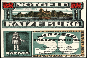 Alte deutsche Banknote mit einer Frau vor Bäumen, einem Gebäude und einem Himmel, mit dem Text "Ratzburg" sichtbar