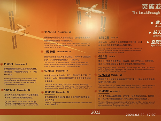 Ein Plakat, das den Startplan für die Internationale Raumstation zeigt, einschließlich Daten, Uhrzeiten, Standorten und Abbildungen der für die Starts verwendeten Satelliten.