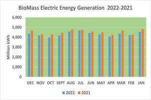 Liniengraph, der die Stromerzeugung aus Biomasse von 2011 bis 2022 zeigt, mit begleitendem Text.