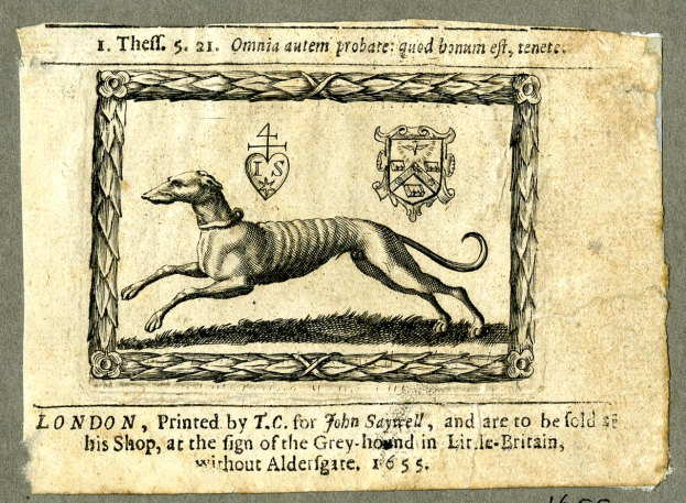 Ein altes Buch mit einer Zeichnung eines Windhunds in Laufposition, Kopf hoch erhoben und Ohren gespitzt, mit dekorativem Text auf dem Cover.