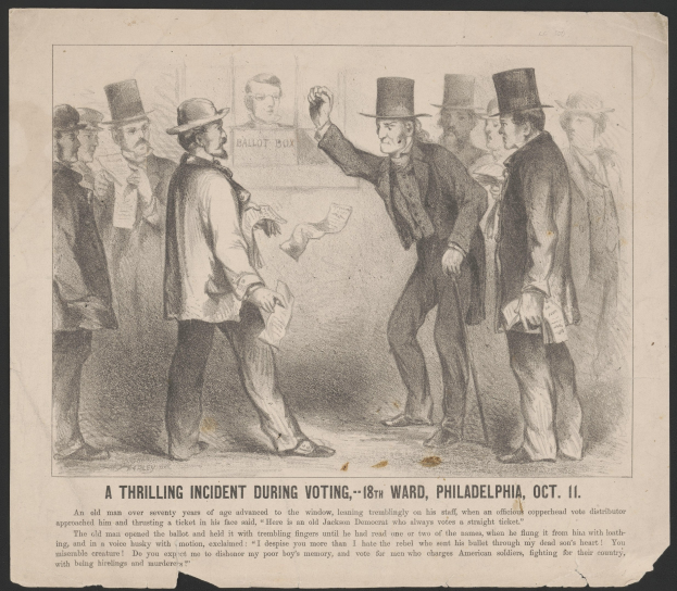 Ein historisches Bild mit dem Titel "Ein aufregender Vorfall während der Stimmabgabe - 18. Bezirk, Philadelphia, 11. Oktober", das eine Gruppe von Menschen mit Hüten zeigt, wobei eine Person Papiere hält.