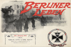 Ein altes Buchcover mit einer Gruppe von Menschen in festlicher Stimmung, Text "Berliner Leben" und ein Logo, das mit der deutschen Armee in Verbindung steht.