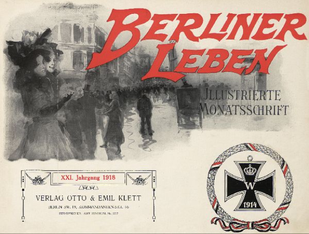 Ein altes Buchcover mit einer Gruppe von Menschen in festlicher Stimmung, Text "Berliner Leben" und ein Logo, das mit der deutschen Armee in Verbindung steht.
