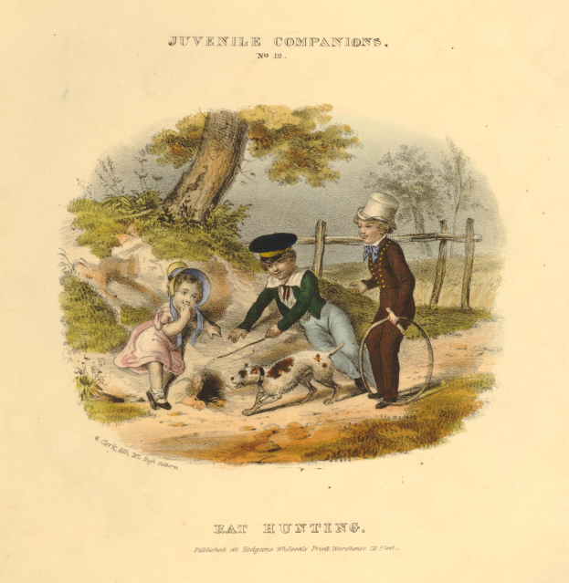 Ein Kindeszeichnen, das drei Kinder zeigt, die mit einem Hund in einem Park spielen, umgeben von Bäumen, Pflanzen und einem Zaun, mit Text unten.