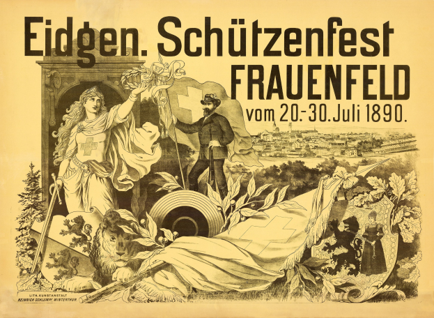 Alter Plakat für das Eidgen Schützenfest in Frauenfeld, Deutschland, das einen Mann in einem Anzug und eine Frau in einem Kleid zeigt, die nebeneinander stehen, mit Ereignisdetails im Text.