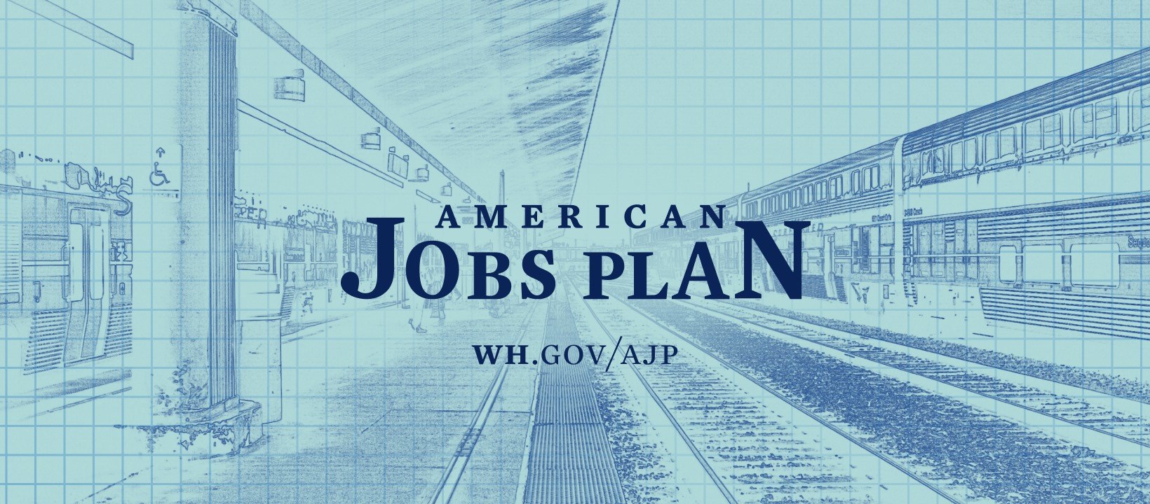 Blaupause eines Bahnhofs mit der Aufschrift "American Jobs Plan" und einem Zug auf der rechten Seite.