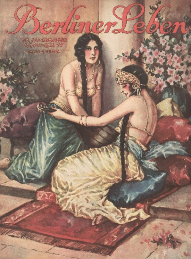 Plakat mit zwei Frauen auf einem Bett mit Kissen und Pflanzen, betitelt "Berliner Leben Magazin-Cover aus Oktober 1931".