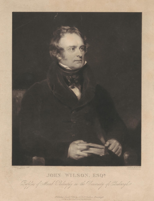 Porträt von John Wilson Esqr., dem Gründer der moralischen Philosophie an der Universität Edinburgh, sitzend in einem Stuhl mit einem Buch in den Händen, mit Text unten.