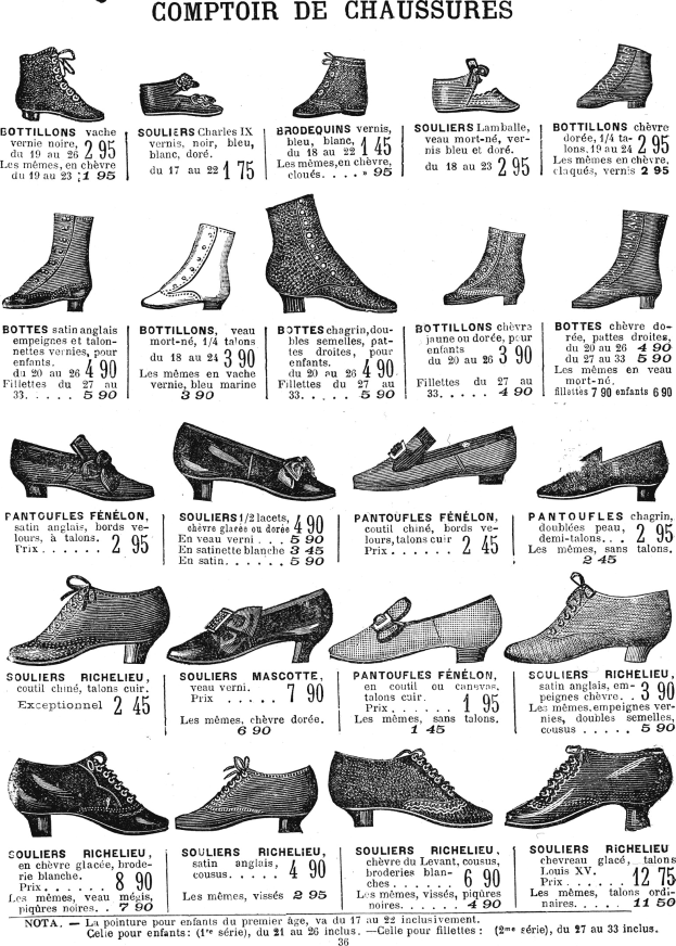 Eine Seite aus einem Buch, die verschiedene Damenschuhe mit einzigartigen Designs zeigt, ordentlich mit sichtbaren Preisschildern und Details zur Größe, Form und Farbe.