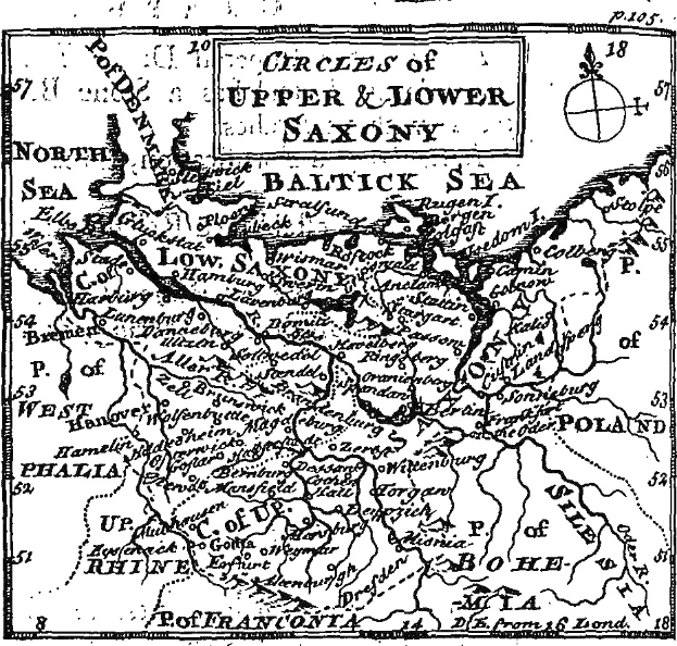 Schwarze und weiße Karte von Ober- und Niedersachsen, die geographische Merkmale wie Flüsse, Berge und Städte zeigt, mit zusätzlichem beschreibendem Text.