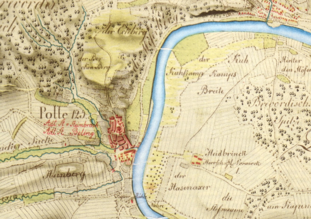 Detailiertes altes Stadtplan von Polle, Deutschland, mit Straßen, Gebäuden und einem durch die Stadt fließenden Fluss.