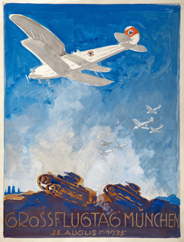 Plakat zum "Grossflugtag München" am 25. August 1935, das ein Flugzeug am Himmel mit anderen Flugzeugen im Hintergrund zeigt.