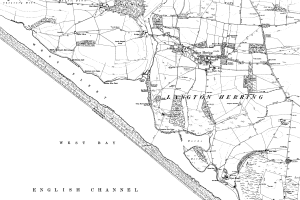 Ein detaillierter Schwarz-Weiß-Plan von Langton Herring aus dem Jahr 1897 mit Text und umfassender Gebietsübersicht.