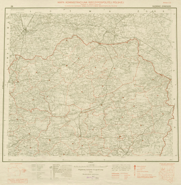 Alte Karte Polens mit einer roten Linie, die hindurchläuft, und handgeschriebenem Text auf altem Papier.