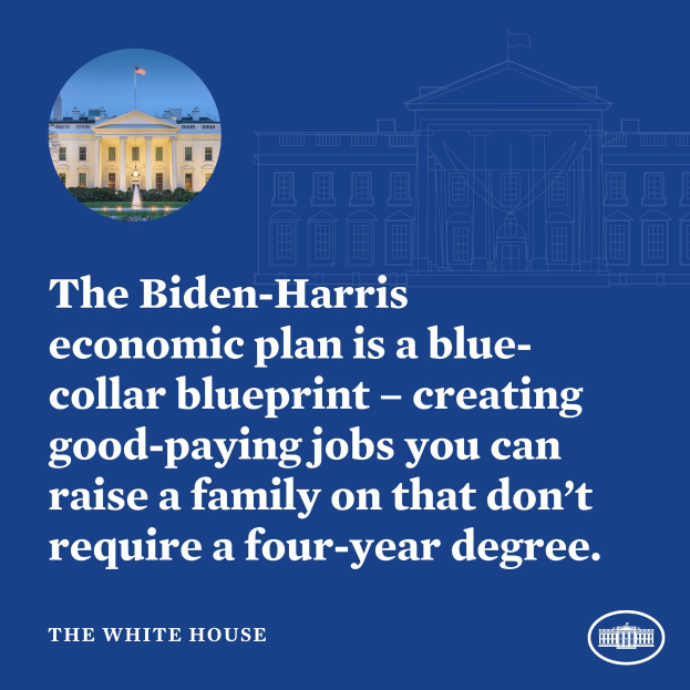 Plakat mit einem Bild des Weißen Hauses und Text, der den Biden-Harris-Wirtschaftsplan als Blueprint für blue-collar-Jobs präsentiert.