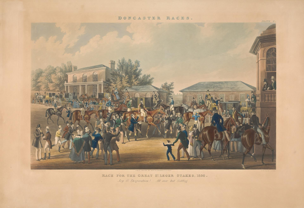 Gruppe von Menschen auf Pferden vor einem Gebäude mit Bäumen und Wolken im Hintergrund, Text lautet "Doncaster Races, Race for the Great Stakes, 1839".