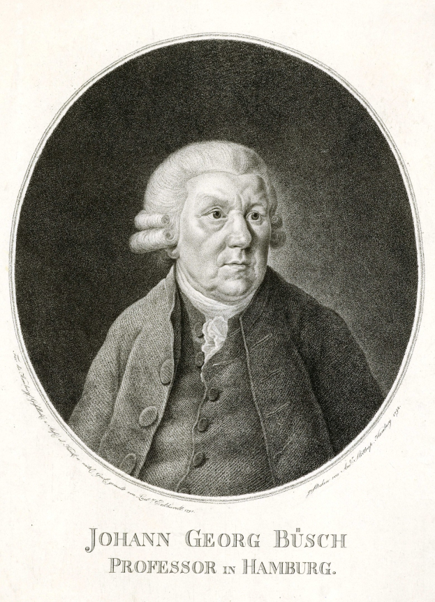 Schwarzes und weißes Porträt von Johann Georg Busch, einem Professor in Hamburg, der einen Mantel trägt, mit Text unten.