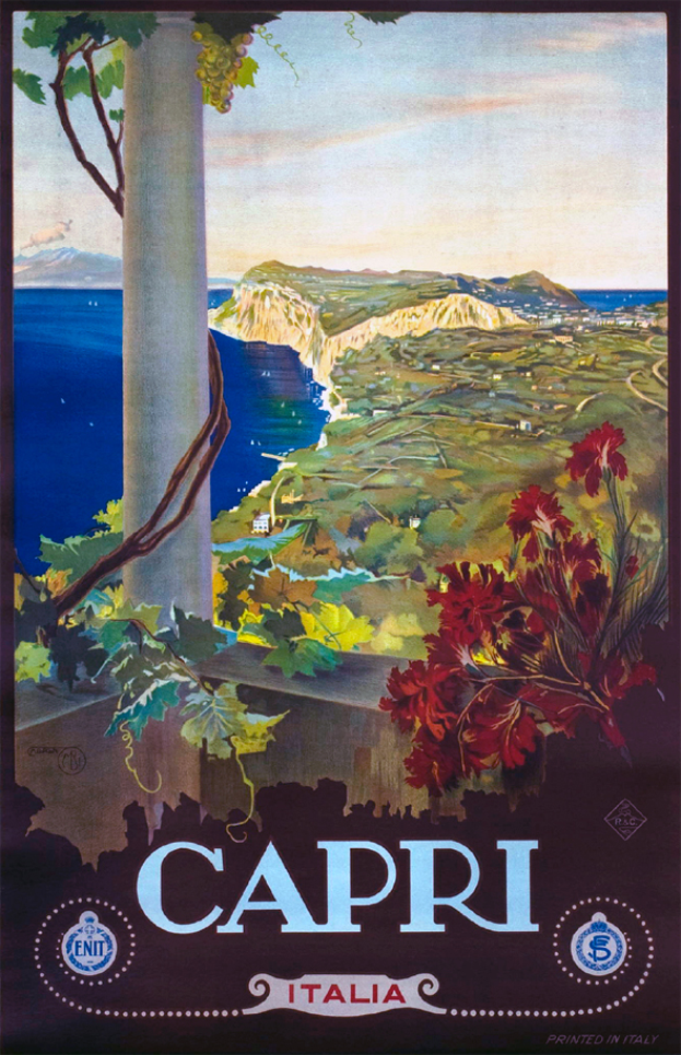 Ein Plakat, das eine Weinprobe in Capri, Italien, ankündigt und einen Baum mit saftig grünen Blättern, eine Säule, einen Wasserlauf, Hügel und einen hellblauen Himmel zeigt, mit Text, der die Weinprobe beschreibt.