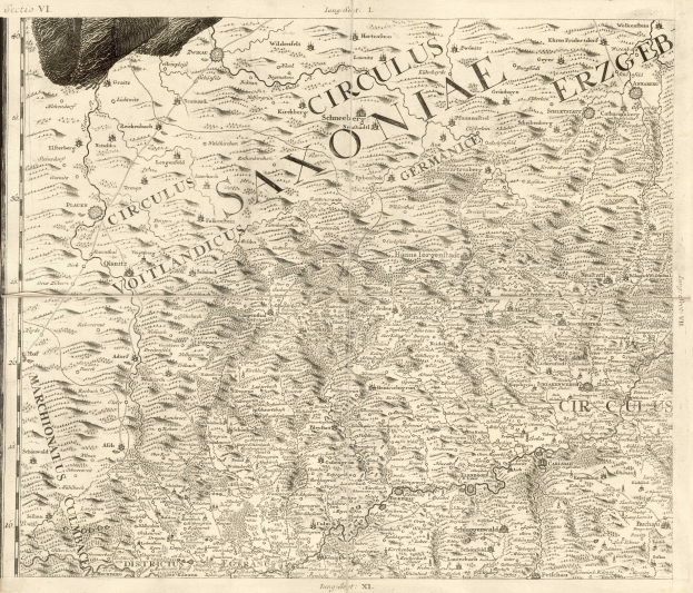 Alte Karte von Sachsen, Deutschland, zeigt geografische Merkmale wie Flüsse, Berge und Städte mit begleitendem Text.