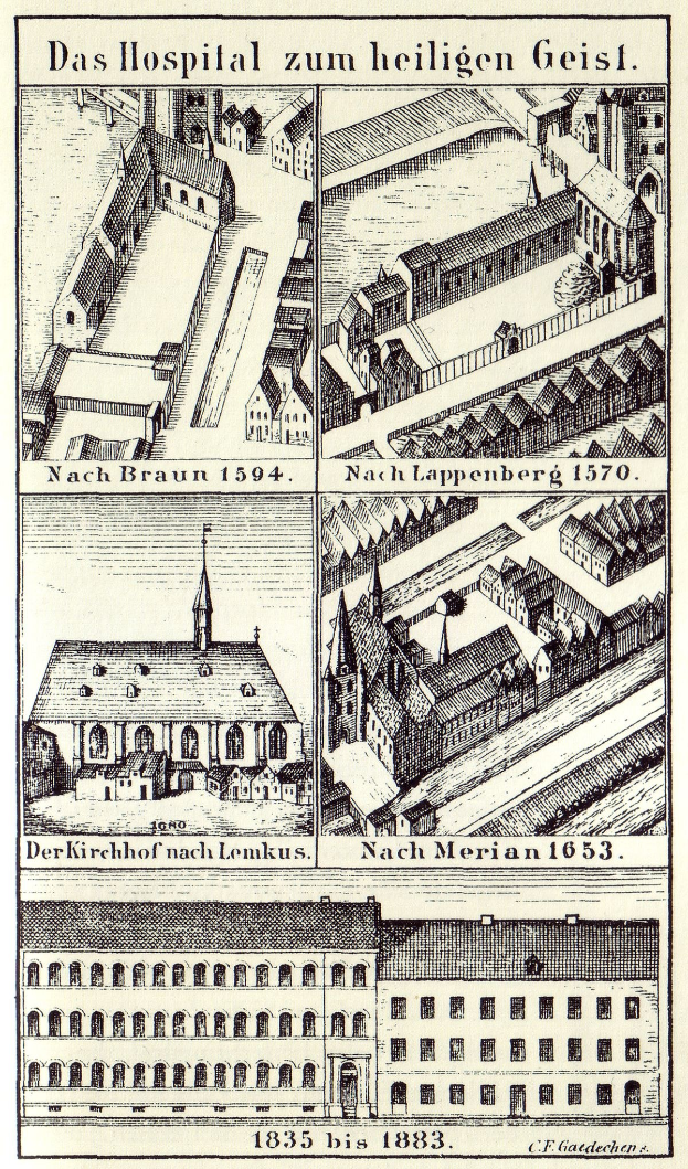 Detailreiches Zeichnung eines deutschen Krankenhausgebäudes mit umliegenden Strukturen und informativem Text auf einem Plakat.