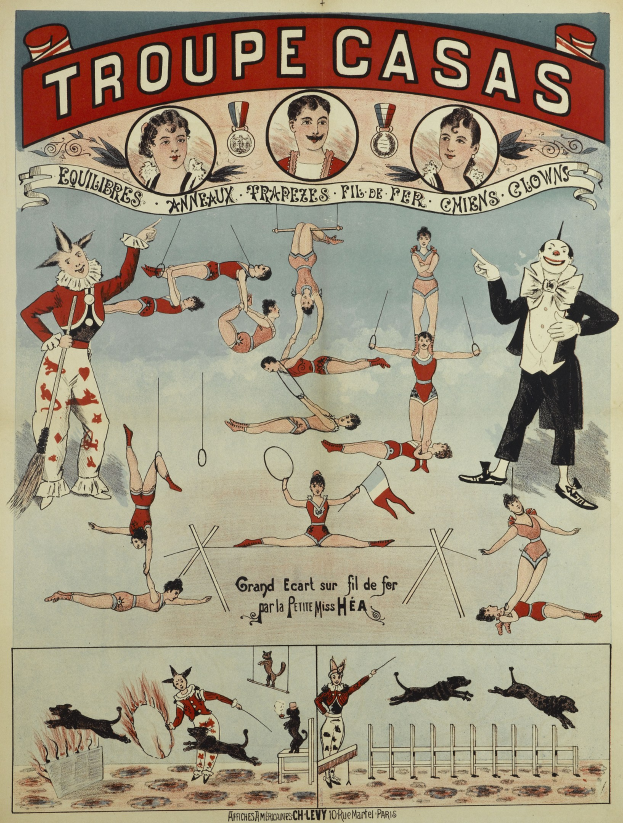 Plakatankündigung für die 'Troupe Casas'-Zirkusgruppe in Paris, mit Darstellern in farbenfrohen Kostümen und Masken sowie Tierbildern.